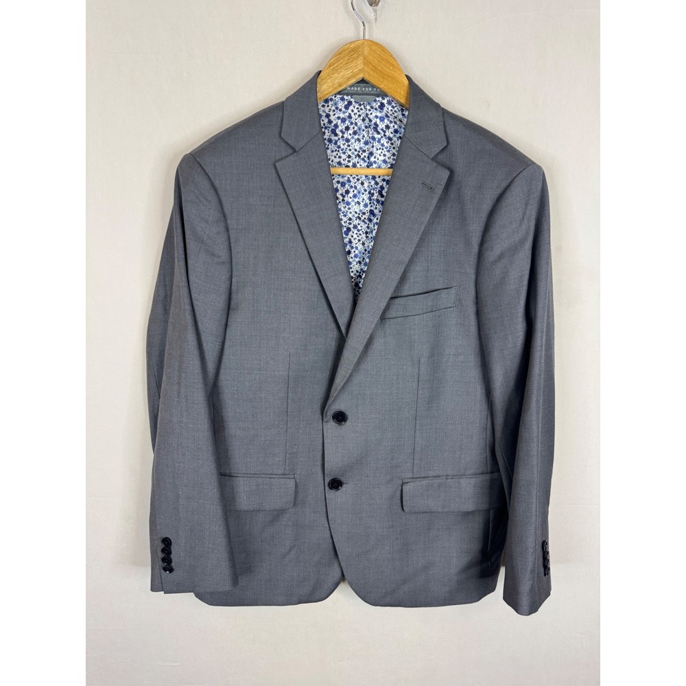 Indochino Mens 42S‎ 100% Wool Gray 2 Button Blazer Floral Lining Custom Tailored
